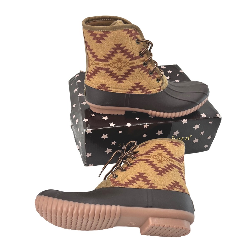 Simply Southern Women Brown Southwestern Pattern Lace Up Duck Boots Size 9
